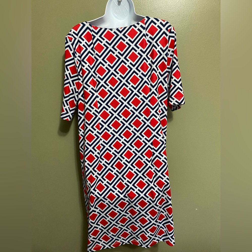 Elizabeth McKay Red and Navy Blue Square Design‎ Dress, Size L